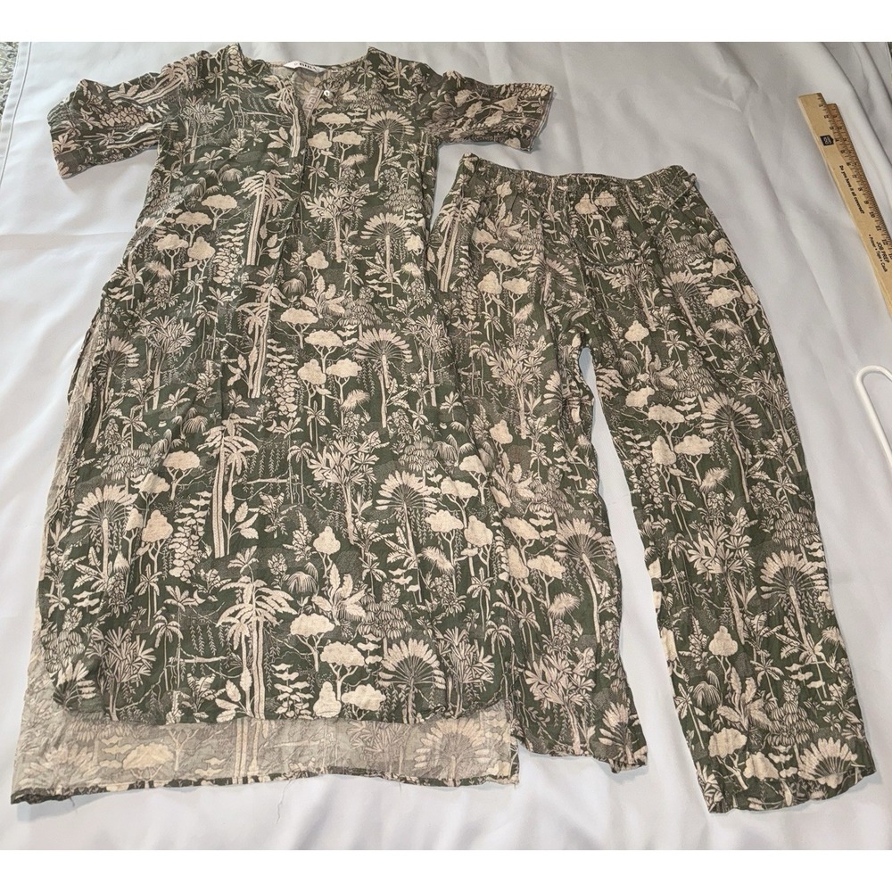Biba India Kurta Set Women's Size 34 Xs Green Beige Botanical Tunic Top‎ Pants